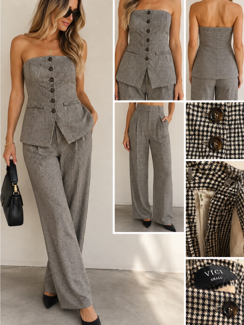VICI Gray Houndstooth Strapless Peplum Top & Wide-Leg Pants Set